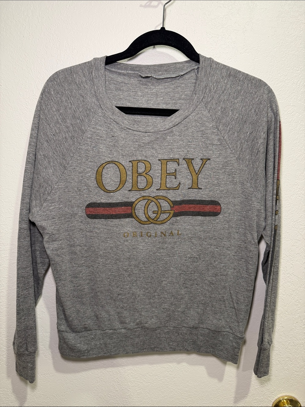 Obey Women's Gray Logo Crewneck Sweater with Gold & Red Accent